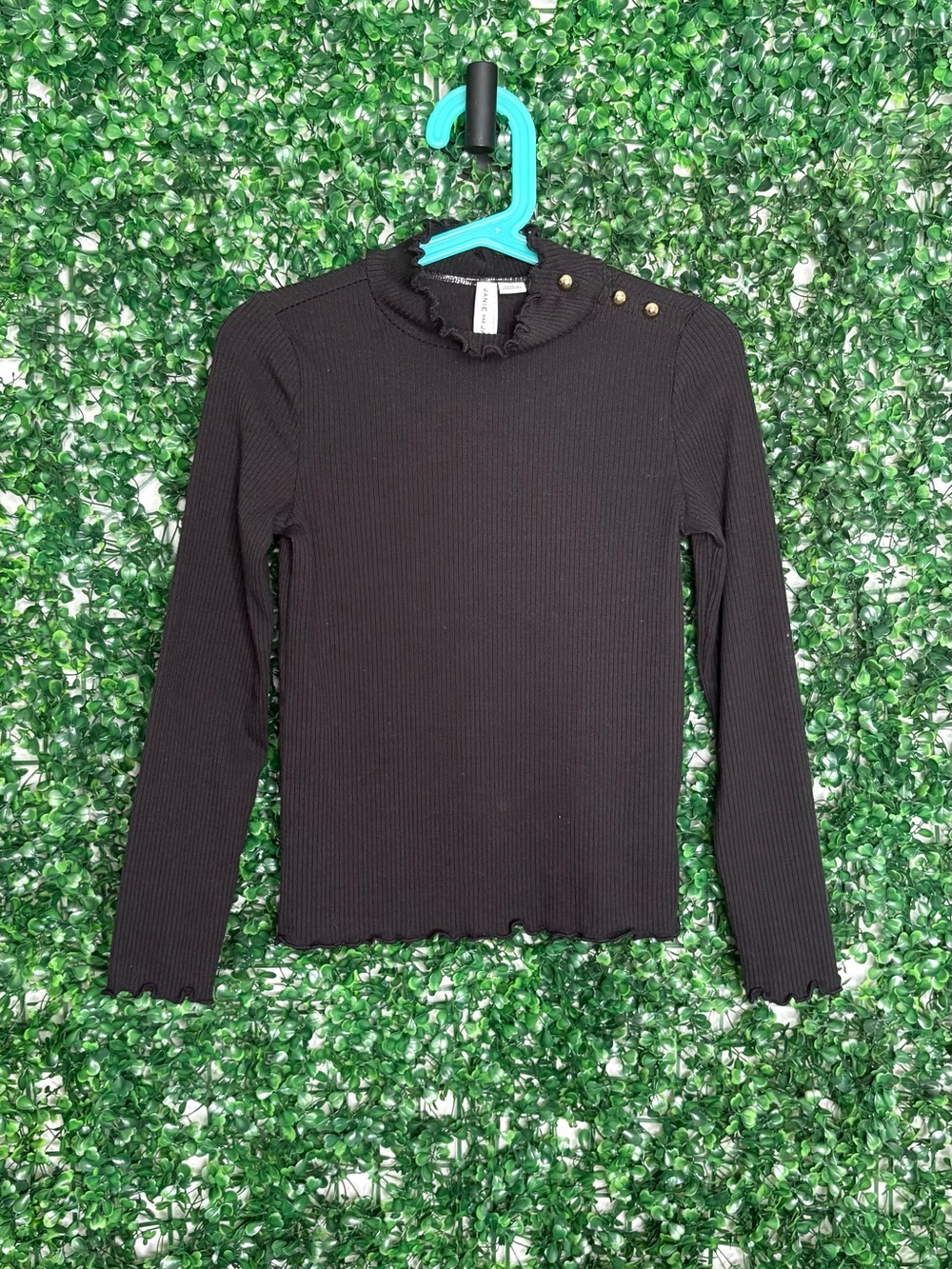 Janie and Jack Black Ribbed Long-Sleeve Top with Gold Shoulder Buttons